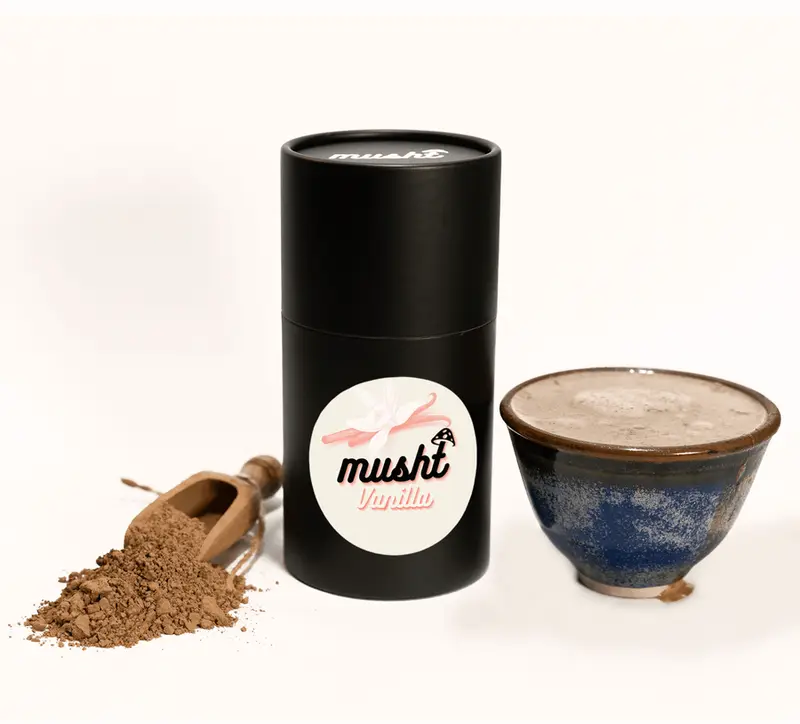 Musht Vanilla packaging and prepared drink